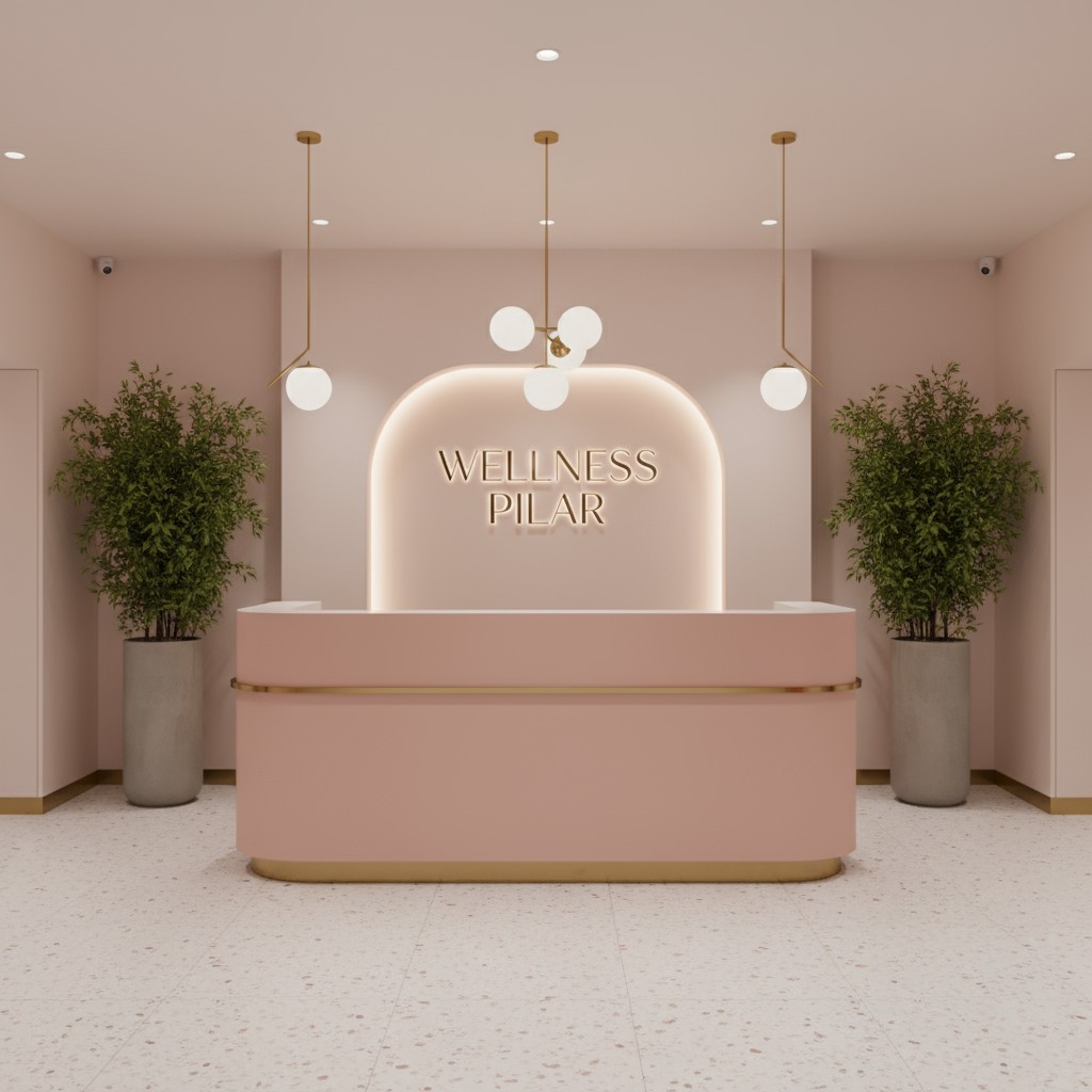 The entrance of the Wellness Pilar, featuring its white reception desk, ceiling lights, security cameras in the corner, an...